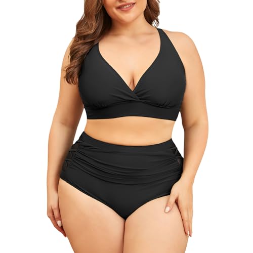 PONCEAU Bikini Damen Set Große Größe V Ausschnitt High Waist Bauchweg Knoten Zweiteiliger Bikini Plus Size Curvy Bademode Swimsuit Push Up Badeanzug von PONCEAU