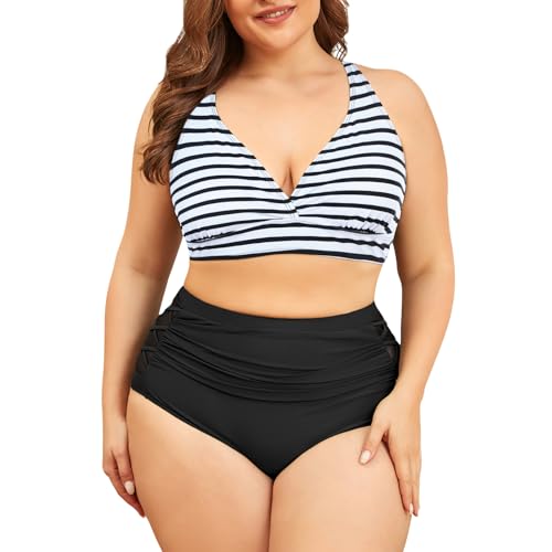 PONCEAU Bikini Damen Set Große Größe V Ausschnitt High Waist Bauchweg Knoten Zweiteiliger Bikini Plus Size Curvy Bademode Swimsuit Push Up Badeanzug von PONCEAU