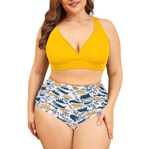 PONCEAU Bikini Damen Set Große Größe V Ausschnitt High Waist Bauchweg Knoten Zweiteiliger Bikini Plus Size Curvy Bademode Swimsuit Push Up Badeanzug von PONCEAU
