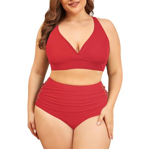 PONCEAU Bikini Damen Set Große Größen V Ausschnitt High Waist Bauchweg Knoten Zweiteiliger Bikini Plus Size Curvy Bademode Swimsuit Push Up Badeanzug von PONCEAU