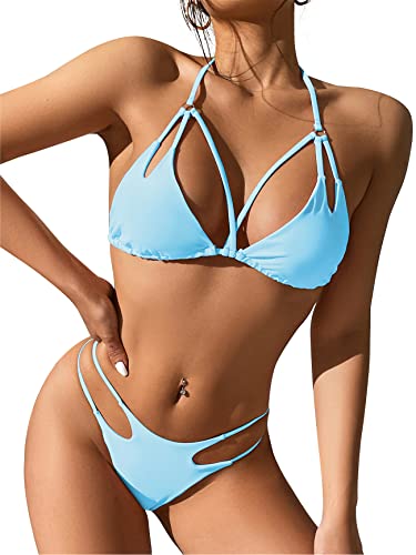 PONCEAU Damen Bikini Set Sexy String Tanga Bikini Neckholder Triangle Zweiteiliger Badeanzug Kreuz vorne High Waist Bademode Bikinioberteil Strandmode von PONCEAU