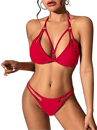 PONCEAU Damen Bikini Set Sexy String Tanga Bikini Neckholder Triangle Zweiteiliger Badeanzug Kreuz vorne High Waist Bademode Bikinioberteil Strandmode von PONCEAU