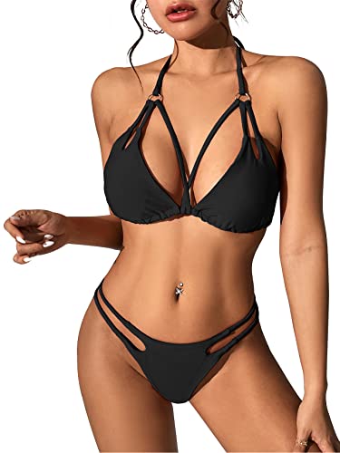 PONCEAU Damen Bikini Set Sexy String Tanga Bikini Neckholder Triangle Zweiteiliger Badeanzug Kreuz vorne High Waist Bademode Bikinioberteil Strandmode von PONCEAU