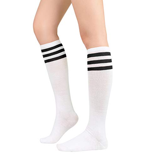 PONCEAU Damen Kniestrümpfe College Socken Strümpfe Klassische Lange Socken mit Streifen Sportsocken Knee High Socks für Mädchen White Black von PONCEAU