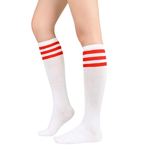 PONCEAU Damen Kniestrümpfe College Socken Strümpfe Klassische Lange Socken mit Streifen Sportsocken Knee High Socks für Mädchen White Red von PONCEAU
