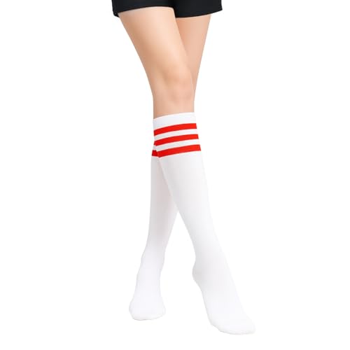 PONCEAU Damen Kniestrümpfe College Socken Strümpfe Klassische Lange Socken mit Streifen Sportsocken Knee High Socks für Mädchen White Red von PONCEAU