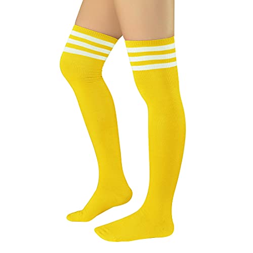 PONCEAU Damen Mädchen Kniestrümpfe Overknee Lange Streifen Strümpfe Oberschenkel Hohe Socken Leggings Strümpfe Sport Socken Gelb mit Weiß von PONCEAU