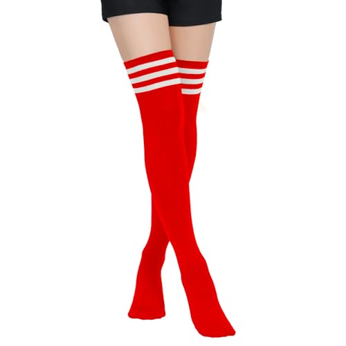 PONCEAU Damen Mädchen Kniestrümpfe Overknee Lange Streifen Strümpfe Oberschenkel Hohe Socken Leggings Strümpfe Sport Socken Rot mit Weiß von PONCEAU