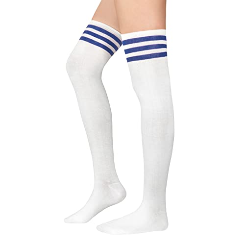 PONCEAU Damen Mädchen Kniestrümpfe Overknee Lange Streifen Strümpfe Oberschenkel Hohe Socken Leggings Strümpfe Sport Socken Weiß mit Blau von PONCEAU