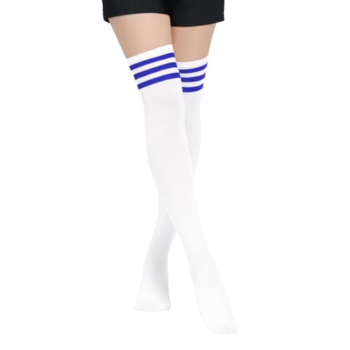 PONCEAU Damen Mädchen Kniestrümpfe Overknee Lange Streifen Strümpfe Oberschenkel Hohe Socken Leggings Strümpfe Sport Socken Weiß mit Blau von PONCEAU
