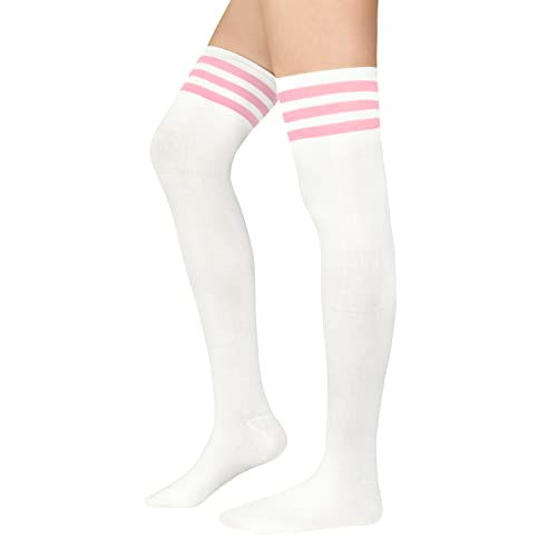 PONCEAU Damen Mädchen Kniestrümpfe Overknee Lange Streifen Strümpfe Oberschenkel Hohe Socken Leggings Strümpfe Sport Socken Weiß mit Rosa von PONCEAU