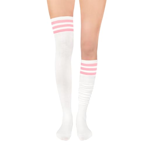PONCEAU Damen Mädchen Kniestrümpfe Overknee Lange Streifen Strümpfe Oberschenkel Hohe Socken Leggings Strümpfe Sport Socken Weiß mit Rosa von PONCEAU