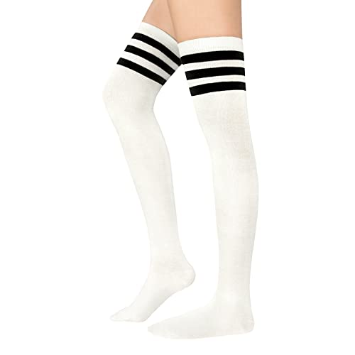 PONCEAU Damen Mädchen Kniestrümpfe Overknee Lange Streifen Strümpfe Oberschenkel Hohe Socken Leggings Strümpfe Sport Socken Weiß mit Schwarz von PONCEAU