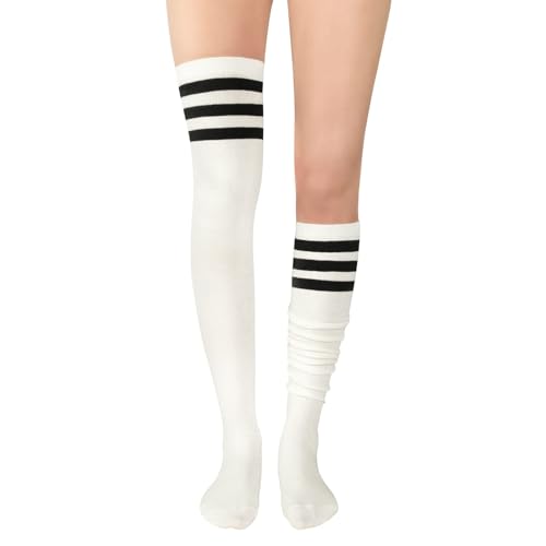 PONCEAU Damen Mädchen Kniestrümpfe Overknee Lange Streifen Strümpfe Oberschenkel Hohe Socken Leggings Strümpfe Sport Socken Weiß mit Schwarz von PONCEAU