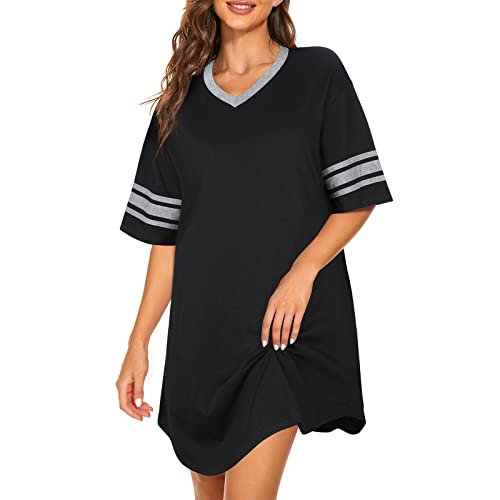 PONCEAU Damen Nachthemd V-Ausschnitt Kurzarm Weiche Schlafhemd Dehnbare Nachthemd aus Baumwolle Loungewear Leichte Sommer Sleepshirt Freizeitkleid Schwarz von PONCEAU