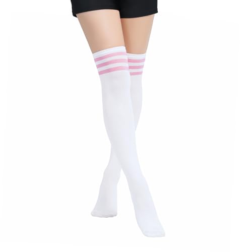 PONCEAU Damen Overknees Strümpfe Überknie Kniestrümpfe Lange Gestreifte Socken Lange Socken Beinwärmer Hoch Booten Strümpfe Stripes White Pink von PONCEAU