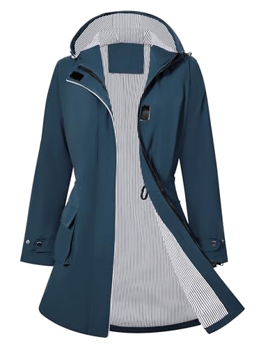 PONCEAU Damen Wasserdicht Regenjacke Lang Windbreaker Übergangsjacke Leichte Atmungsaktiv Outdoorjacke Raincoat Regenponcho Regenparka Trenchcoa Regenmantel mit Kapuze von PONCEAU
