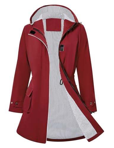 PONCEAU Damen Wasserdicht Regenjacke Lang Windbreaker Übergangsjacke Leichte Atmungsaktiv Outdoorjacke Raincoat Regenponcho Regenparka Trenchcoa Regenmantel mit Kapuze von PONCEAU