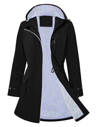 PONCEAU Damen Wasserdicht Regenjacke Lang Windbreaker Übergangsjacke Leichte Atmungsaktiv Outdoorjacke Raincoat Regenponcho Regenparka Trenchcoa Regenmantel mit Kapuze von PONCEAU