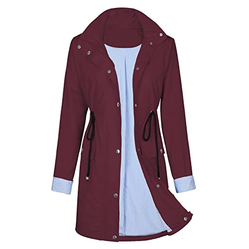 PONCEAU Damen-Regenmantel, wasserdicht, mit Kapuze, Windbreaker-Jacke für Frauen, leicht, Outdoor, atmungsaktiv, Reisen, burgunderfarben, 48 von PONCEAU