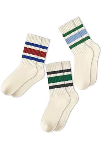 PONCEAU Damen Retro Socken Streifen Sportsocken Tennissocken & Wandersocken Atmungsaktiv Geruchsneutral Komfort-Dämpfung Verstärkter Absatz 3er Pack Uni-Größe 36-42 von PONCEAU