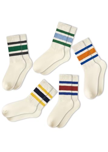 PONCEAU Damen Retro Socken Streifen Sportsocken Tennissocken & Wandersocken Atmungsaktiv Geruchsneutral Komfort-Dämpfung Verstärkter Absatz 5er Pack Uni-Größe 36-42 von PONCEAU