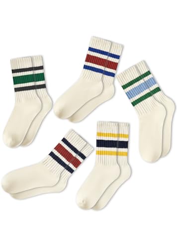PONCEAU Damen Retro Socken Streifen Sportsocken Tennissocken & Wandersocken Atmungsaktiv Geruchsneutral Komfort-Dämpfung Verstärkter Absatz 5er Pack Uni-Größe 36-42 von PONCEAU