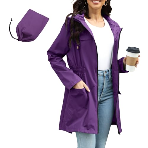 PONCEAU Damen Wasserdicht Regenjacke Windbreaker Regenjacke Lang damen Leichte Jacke übergangsjacke Lang zum Wandern Reisen Treking Fahrrad von PONCEAU
