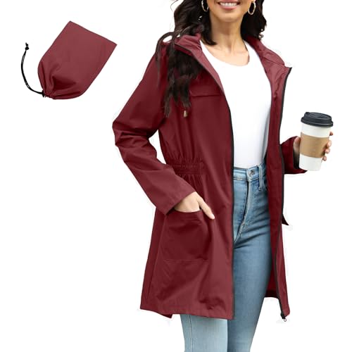 PONCEAU Damen Wasserdicht Regenjacke Atmungsaktiv Windbreaker Wetterfest Softshelljacke Leichte Jacke Atmungsaktive Packbare Lange Windbreaker Jacke für Frauen Regenmantel Wandern Fahrrad Regenponcho von PONCEAU