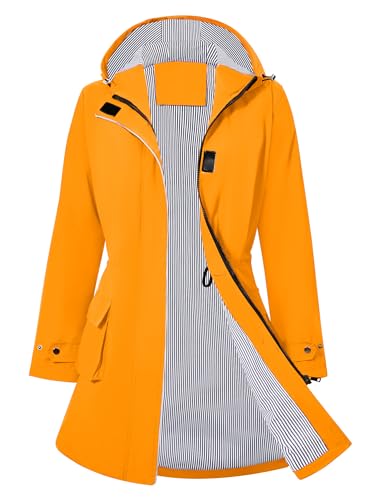 PONCEAU Damen Wasserdicht Regenjacke Lang Windbreaker Übergangsjacke Leichte Atmungsaktiv Outdoorjacke Raincoat Regenponcho Regenparka Trenchcoa Regenmantel mit Kapuze von PONCEAU