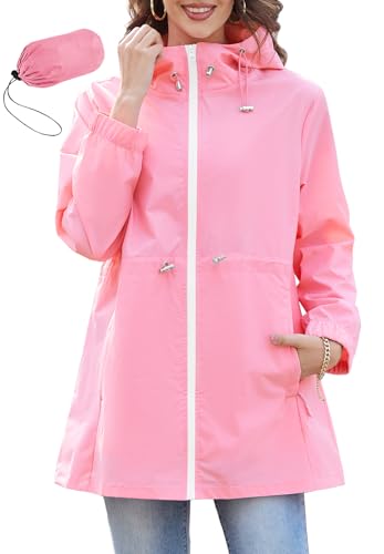 PONCEAU Damen Wasserdichte Faltbar Regenjacke mit Kapuze，Laufjacke Wasserdicht Atmungsaktiv Leichte Jacke Windbreaker Atmungsaktive Packbare zum Wandern Reisen Treking Fahrrad von PONCEAU