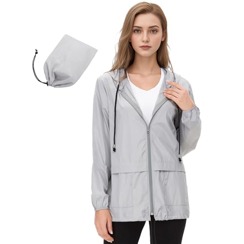 PONCEAU Regenjacke Damen Wasserdicht Windbreaker Atmungsaktiv bergangsjacke Regencape Leichte Jacke Übergangsjacke mit Kapuze Windbreaker Packbar Treking Fahrrad Reisen Wandern von PONCEAU