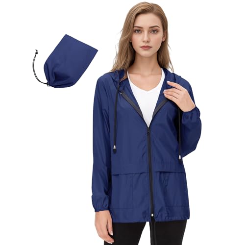 PONCEAU Regenjacke Damen Wasserdicht Windbreaker Atmungsaktiv bergangsjacke Regencape Leichte Jacke Übergangsjacke mit Kapuze Windbreaker Packbar Treking Fahrrad Reisen Wandern von PONCEAU