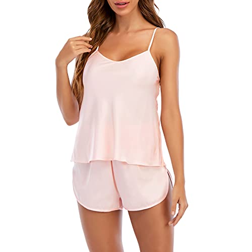 PONCEAU Schlafanzug Damen Kurz Hausanzug Ärmellos Cami Top Loungewear Sleepwear Einfarbig Sleepwear Sexy Nachtwäsche Kurz Ärmellos Dessous Cami Top von PONCEAU