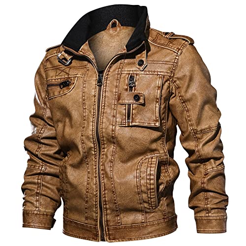 Herren Lederjacke - Herren Herbst Und Winter Pu Lederjacke Lederjacke Herren Motorradjacke Frühling Und Herbst Bekleidung Bomberjacke, Gelb, XL von PONERY