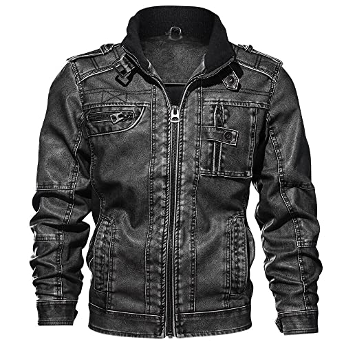 Herren Lederjacke - Herren Herbst Und Winter Pu Lederjacke Lederjacke Herren Motorradjacke Frühling Und Herbst Bekleidung Bomberjacke, Schwarz, XL von PONERY