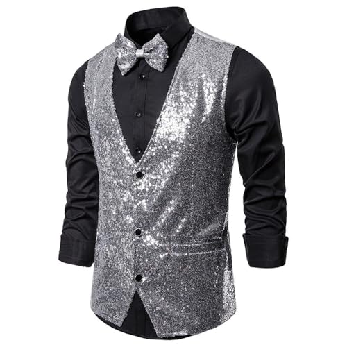 PONERY Anzugweste Für Herren - Frühling Herbst Männer Glänzendes Gold Pailletten Glitzer Verzierte Blazer Weste Nachtclub Blazer Hochzeit Party Weste Bühne Sänger Kleidung Für Hochzeit/Busin von PONERY