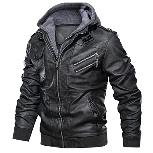 PONERY Herren Lederjacke - Winter Männer Lederjacke Mantel Mode Kapuze Motorrad Pu Jacke Männlich Casual Biker Kunstlederjacken Männer Jacken Für Männer Windbreaker Biker Mäntel, Schwarz, XL von PONERY