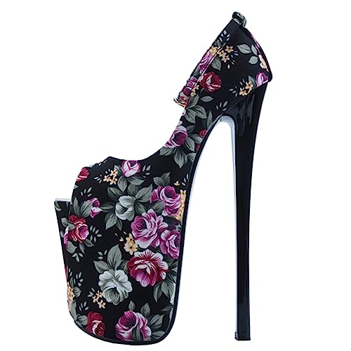 POOSR 22CM High Heels Schuhe, Ethnische Blume Knöchelriemen Damen Heels, Plattform Pumps, abgerundete Zehe Hightclub Fetisch Schuhe,Schwarz,45 von POOSR