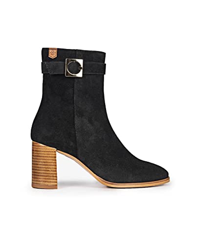 POPA - Stiefeletten für Damen mit Absatz - Elena Wildleder - Größe 41 - Made In Spain - Schwarz - Aus Wildleder - Klassischer Stil mit Schnalle - Quadratischer Absatz 7,5 cm von POPA