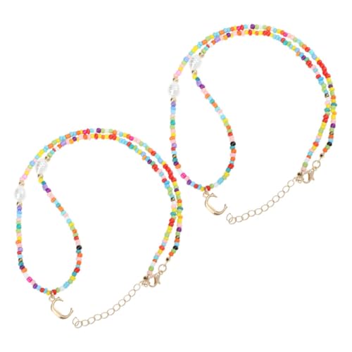 POPETPOP 2 Stück Bunte Perlenkette mit Buchstaben C Anhänger Boho Kette Schmuck für Damen Modischer Choker Clavicle Necklace Sicher Hautfreundlich und Vielseitig Kombinierbar von POPETPOP