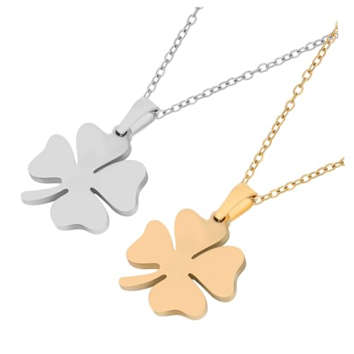 POPETPOP 2 Stück Vierblättriges Kleeblatt Anhänger Halsketten Teilig Titanstahl in Gold und Silber Glücksbringer Schmuck Damen Modisch Vielseitig Kombinierbar Geschenkidee von POPETPOP
