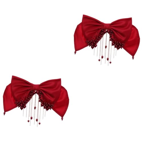 POPETPOP 2st Tiara Mit Perlenquaste Kopfschmuck Für Die Braut Perlenspange Haarspange Mit Perlenquaste Haarspangen Für Damen Brautjungfer Stoff Rot Hochzeit Haarschmuck Tischgesellschaft von POPETPOP