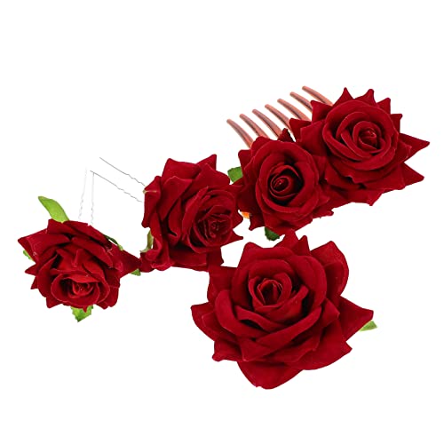 POPETPOP 3 Sätze Haarspange aus künstlicher Rose Hochzeitshaarspangen für Bräute rote Blumenhaarspange für Mädchen Tiara Haarklammer Haarschmuck für die Hochzeit Haarschmuck für die Braut von POPETPOP