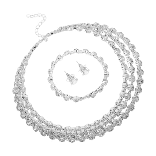POPETPOP 3 Stück Schmuckset für Damen Teiliges Brautschmuck Set mit Halskette Armband und Ohrringen Strass für Hochzeiten Designs Silber für Perfekten Auftritt von POPETPOP