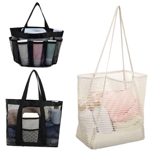 POPETPOP 3 Stück Teiliges Netz Strandtaschen aus Robustem Nylon Große Kapazität Leichte Handtaschen mit Bequemen Griffen für Damen für Strand Pool und Urlaubstaschen von POPETPOP