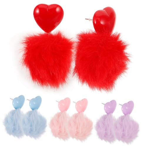 POPETPOP 4 Paare Damen Plüsch Anhänger Ohrstecker Herzform Bunte Kuschelige Ohrringe Weiche Hängende Schmuck Für Party Hochzeit Alltag von POPETPOP
