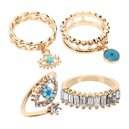 POPETPOP 4 Stück Teiliges Punk Evil Eye Ring Verstellbar mit Funkelnden Strasssteinen Offener Hohlring für Damen Stylischer Schmuck für Partys und Geschenke von POPETPOP