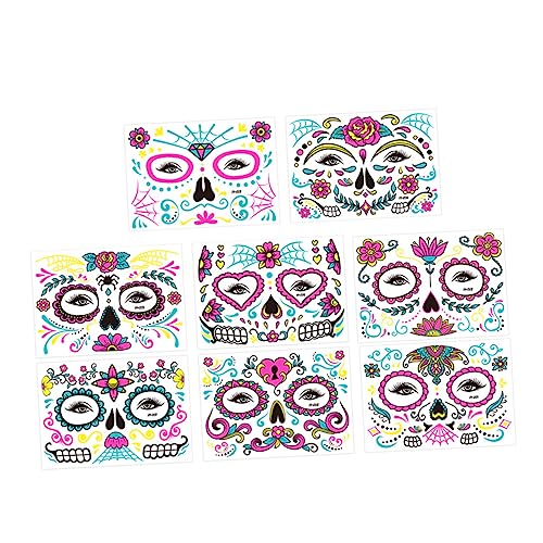 POPETPOP 8 Blatt Glow in The Dark Halloween Gesichtstattoos Teiliges Temporäre Neon Tattoos für Karneval Kostüm Party Tages Todes Gesicht Aufkleber Leuchtende Festival Dekoration von POPETPOP