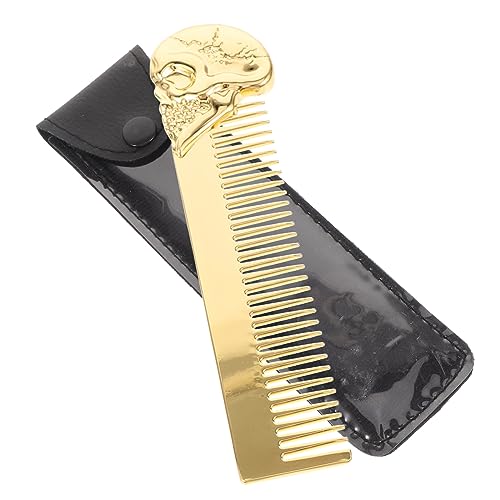 POPETPOP Bartkamm mit Doppelter Seite Schädel Design Kompakt und Tragbar Stilvoller Herren Bart und Haarkamm in Gold Pflegezubehör für Bart und Haarstyling von POPETPOP